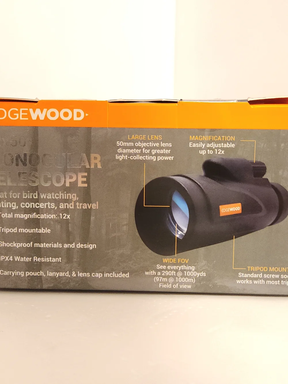 Edgewood 12x50 Monocular Telescope in Black and Orange Accents